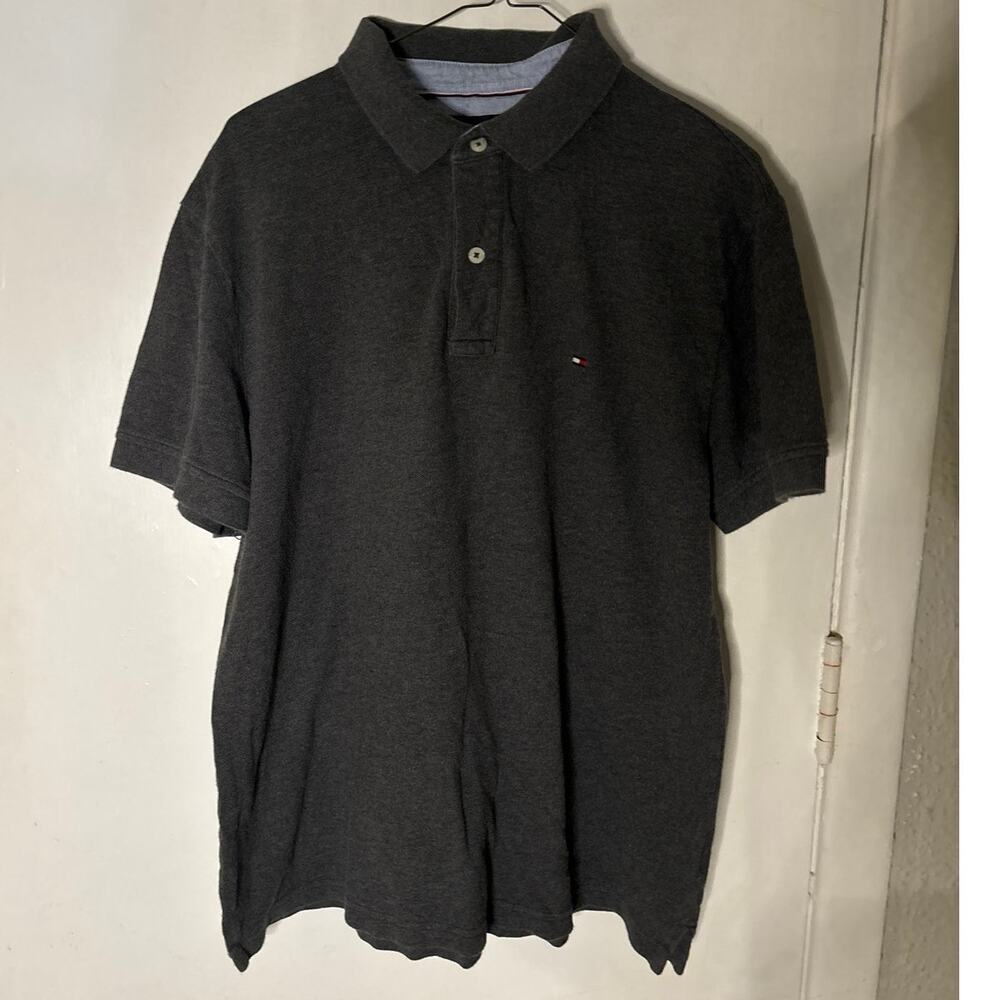 Tommy Hilfiger Gray Short Sleeve Polo Shirt L Casual Preppy Ivy Classic Office